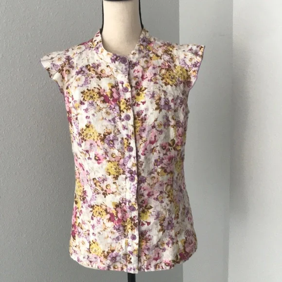 DELIRIUM Women Buttons Down Raffle Sleeveless Cotton Spring Floral Print Top| 30 - Picture 1 of 11